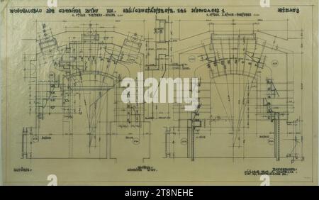 Vienne-Döbling, maison Diemgasse 1, immeuble résidentiel de la commune de Vienne, 1e escalier, plan d'étage sous-sol-parterre-1. Stock, Alfred Castelliz (Celje 1870 - 1940 Vienne), 1928, dessin d'architecture, calque ; copie, 37,9 X 64,4 CM, 'MAISON RÉSIDENTIELLE DE LA MUNICIPALITÉ DE VIENNE XIX SUPPORT DE HEILIGENES. 146 DIEMGASSE 1 DET. PLAN 8/ PREMIER ESCALIER. REZ-DE-CHAUSSÉE - CAVE 1 : 20/ 1ST ESCALIER. I. FLOOR - REZ-DE-CHAUSSÉE 1 : 20', annonces, repères d'élévation, informations techniques Banque D'Images