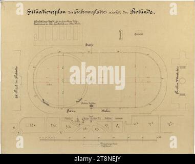 Vienne, Krieau, installation de trot, plan du site 1887, 1887, dessin architectural, représentation en plume noire ; citations et rayons des courbes de l'hippodrome en plume rouge. Papier, ferme, 51,6 x 65 cm, inscriptions diverses Banque D'Images