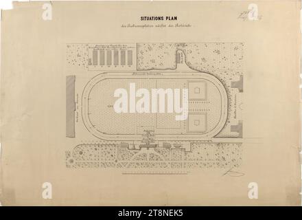 Vienne, Krieau, installation de trot, plan du site 1885/89, 1885-1887, dessin architectural, dessin à la plume et à l'encre ; désignations des zones au stylo rouge ; papier, moyen, 51 x 74,5 cm Banque D'Images