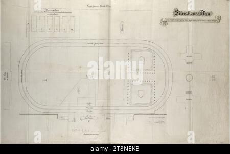 Vienne, Krieau, installation de trot, plan du site 1885, 1885, dessin architectural, dessin à la plume noire, entrées au crayon, timbre ; toile de cire, 66,5 x 108 cm, inscriptions diverses Banque D'Images