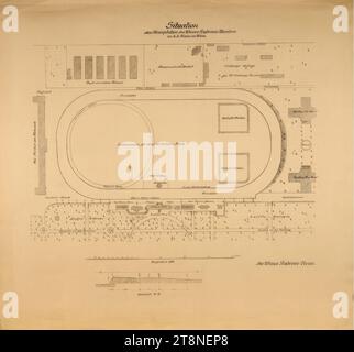 Vienne, Krieau, installation de trot, plan du site, avant 1897, anonyme, 1893 - 1896, dessin d'architecture, plan ; papier, épaisseur moyenne;, 69,4 x 74,9 cm, 'situation/ de l'hippodrome du Vienne Tarbrenn-Vereins/ dans le k.k. Prater à Vienne.' Informations fonctionnelles, désignations du bâtiment, r.b. 'The Vienna Trotting Club Banque D'Images