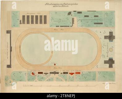 Vienne, Krieau, installation de trot, plan du site, Anton Drexler (Vienne 1858 - 1940 Vienne), Josef Drexler (Vienne 1850 - 1922 Vienne), 1897, dessin architectural, copie avec aquarelles (jaune, marron, gris, vert, bleu, rouge) ; croquis au crayon ; papier, d'épaisseur moyenne, 51,1 x 66,4 cm, 'Plan situationnel de l'arène trotting/ à côté de la rotonde.' Informations topographiques et noms des bâtiments existants et des nouveaux bâtiments prévus, 'Nouvelle boîte du juge / nouveau pavillon de musique / nouveau totalisateur / nouvelle tribune'. Désignation du studio : 'atelier 'Brothers Drexler Banque D'Images