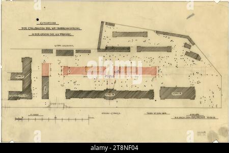 Vienne, Krieau, installation de trot, plan du site, bâtiments stables, 1908, 1908, dessin architectural, dessin préliminaire au crayon et dessin à la plume (noir, rouge) ; Aquafix, 8,3' x 13,5 Banque D'Images