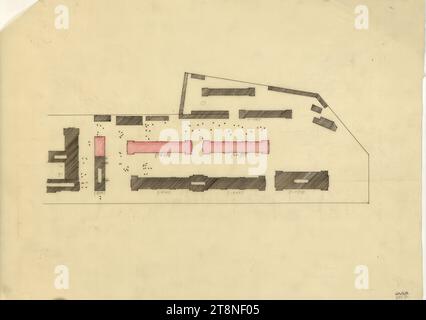 Vienne, Krieau, installation de trot, plan du site, bâtiments stables, 1908, 1908, dessin architectural, dessin au crayon et dessin à la plume (noir, rouge) ; Aquafix, 12' x 16,5 Banque D'Images