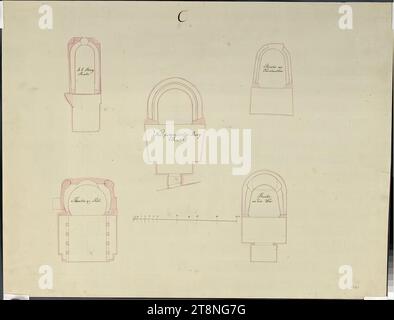 Vienne I, Hofburg, Altes Burgtheater, nouveau projet de construction, plan du sol avec des exemples comparatifs de Vienne et Pest, Ludwig Gabriel von Remy (Reichshofen, Alsace 1776 - 1851 Vienne), 1e moitié du 19e siècle, dessin architectural, plume et encre noire ; rose lavis, feuille : 49,3 x 65 cm, 'Nouveau château projeté, théâtre'; 'C' ; en bas à droite par la main suivante : 'REMY Banque D'Images