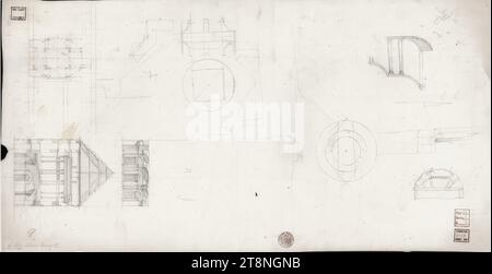 Vienne I, Hofburg, projet de conversion et de nouvelle construction (III), salle de cérémonie, plan au sol, sections, études détaillées, après 1809, dessin architectural, graphite, feuille : 32,9 x 63,6 cm Banque D'Images