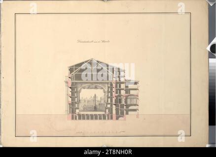 Vienne I, Hofburg, Altes Burgtheater, projet de conversion, section transversale, 1828, dessin architectural, graphite (dessin préliminaire) ; stylo en noir ; rose et gris lavis, feuille : 44,4 x 62,6 cm, 'moyenne par largeur' feuille de couverture: plan, pour l'agrandissement, des théâtres k.k. Burg, limité à la région actuelle, par, Anton Ortner, architecte de théâtre k.k. Hof et membre de l'Académie impériale des beaux-arts de Vienne Banque D'Images