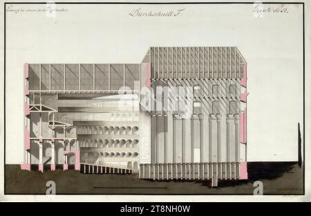 Vienne I, Hofburg, Altes Burgtheater, nouveau projet de construction sur le site de l'école d'équitation d'été, section longitudinale, 1810, dessin architectural, graphite (dessin préliminaire); stylo noir et sépia ; lavoir multicolore, feuille : 30,9 x 47,1 cm, 'Average F' ; 'Draft for a K:K : Hoftheater' ; 'projet no. 52 Banque D'Images