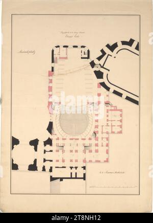 Vienne I, Hofburg, Altes Burgtheater, projet de conversion, rez-de-chaussée, plan d'étage, 1828, plan, graphite (dessin préliminaire) ; plume et encre en noir ; rose et gris lavis, feuille : 62,6 x 44,4 cm, 'Elarged k.k. Burg-Theater, Level Earth' feuille de couverture: plan, pour l'agrandissement, des théâtres k.k. Burg, limité à la région actuelle, par, Anton Ortner, architecte de théâtre k.k. Hof et membre de l'Académie impériale des beaux-arts de Vienne Banque D'Images