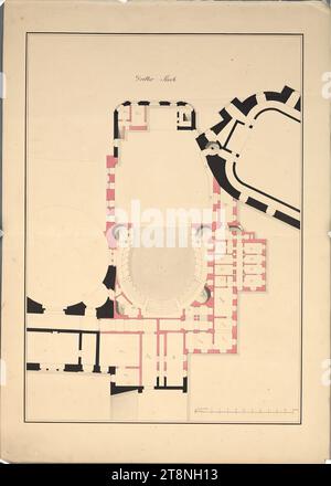 Vienne I, Hofburg, Altes Burgtheater, projet de conversion, 3e étage, plan d'étage, 1828, plan, graphite (dessin préliminaire) ; stylo et encre en noir ; rose et gris lavage, feuille : 62,6 x 44,4 cm, feuille de couverture 'Third Floor': plan, pour l'agrandissement, des théâtres k.k. Burg, limité à la région actuelle, par, Anton Ortner, architecte de théâtre k.k. Hof et membre de l'Académie impériale des beaux-arts de Vienne Banque D'Images