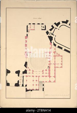 Vienne I, Hofburg, Altes Burgtheater, projet de conversion, 1e étage, plan d'étage, 1828, plan, graphite (dessin préliminaire) ; stylo et encre en noir ; rose et gris lavage, feuille : 62,6 x 44,4 cm, feuille de couverture 'First Floor': plan, pour l'agrandissement, des théâtres k.k. Burg, limité à la région actuelle, par, Anton Ortner, architecte de théâtre k.k. Hof et membre de l'Académie impériale des beaux-arts de Vienne Banque D'Images