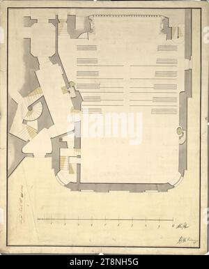 Vienne I, Hofburg, Altes Burgtheater, bâtiment de scène, rez-de-chaussée, plan au sol, 1758-1760, plan, craie (dessin préliminaire) ; stylo en noir; lavoir gris, vert et ocre, drap : 57,3 x 47,1 cm, recto : 'Baupl. Ville. No 135.» Verso : 'Reason from French Theatro' ; 'City I /135 Banque D'Images