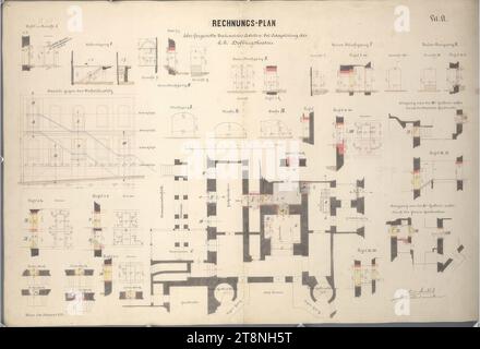 Vienne I, Hofburg, Altes Burgtheater, plan comptable avec plans au sol, sections et profils de parties individuelles du bâtiment, 1882, plan, graphite (dessin préliminaire) ; noir, stylo rouge et bleu ; lavage multicolore, feuille : 65 x 95,5 cm, 'Plan de facture, sur le travail du maître constructeur produit lors de l'adaptation du, k.k. Hofburgtheaters' ; 'allumé. A. Banque D'Images