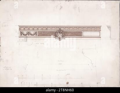 Vienne I, Hofburg, Altes Burgtheater, entablement du proscenium, section d'élévation et de profil, 1871, dessin architectural, graphite (dessin préliminaire) ; plume en brun; lavage brun, feuille : 30,4 x 42 cm Banque D'Images