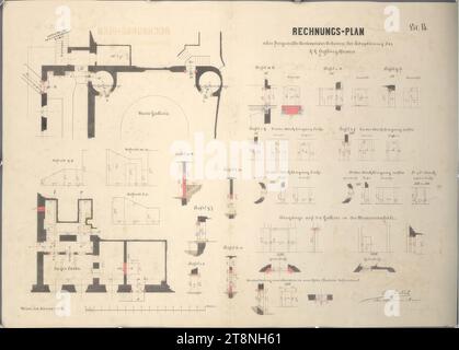 Vienne I, Hofburg, Altes Burgtheater, plan comptable avec plans au sol, sections et profils de parties individuelles du bâtiment, 1882, plan, graphite (dessin préliminaire) ; noir, stylo rouge et bleu ; lavage multicolore, feuille : 61,5 x 85,6 cm, 'Plan de facture, sur le travail du maître constructeur produit lors de l'adaptation du, k.k. Hofburgtheaters' ; 'lit.B. Banque D'Images