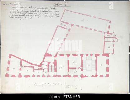 Vienne I, Hofburg, Augustinertrakt, cabinet d'histoire naturelle, 1e étage, plan d'étage (nouvelle utilisation de la pièce), 1839, plan, graphite (dessin préliminaire) ; stylo en noir; rose lavoir, drap : 45,4 x 63 cm, recto : 'plan C.' ; 'à la convolute D./.'; 'premier étage du cabinet d'histoire naturelle, traces, a,b,c,d,e, ancien emplacement du cabinet d'histoire naturelle., A,B,C,D,E,F,G, lieux qui peuvent être assignés au cabinet d'histoire naturelle /, comme ce lieu au niveau, terre dans la cage d'escalier, D.' verso : 'ville n ° 613'; 'à la convolute D./.' ; '516/839 Banque D'Images