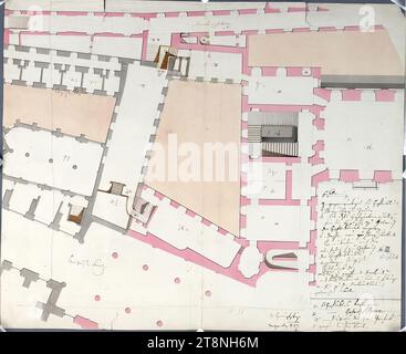 Vienne I, Hofburg, Augustinertrakt, cabinet d'histoire naturelle, 1e étage, plan d'étage, 1827, plan, graphite (dessin préliminaire) ; stylo en noir et rouge ; lavis multicolore, feuille : 47,1 x 57,4 cm, recto : explication de la désignation de la pièce, verso : calculs Banque D'Images