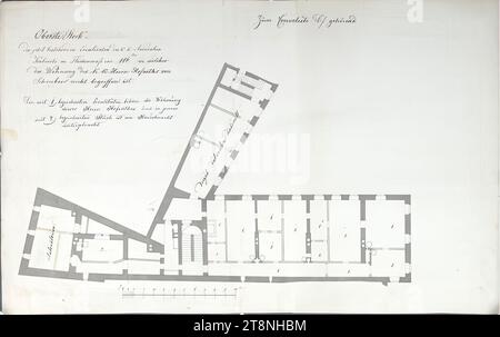 Vienne I, Hofburg, Augustinertrakt, cabinet d'histoire naturelle, 3e étage, plan d'étage, 1827-1839, plan, graphite (dessin préliminaire) ; stylo en noir; gris et jaune lavage, feuille : 40,2 x 64,3 cm, recto : 'dernier étage, des localités maintenant existantes de la K:K:Naturalien, Cabinet dans la région de 116. Dans lequel, l'appartement du K.K. Hofraths von Schreiber n'est pas compris. Les localités marquées avec 1.) Formez l'appartement, de ce Herr Hofrath, et dans cette pièce, marqué avec 2.) un domestique Banque D'Images