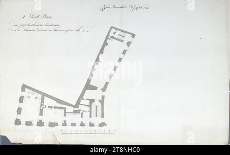 Vienne I, Hofburg, Augustinertrakt, cabinet d'histoire naturelle, 1e étage, plan d'étage, 1827-1839, plan, graphite (dessin préliminaire) ; stylo en noir; lavoir gris et jaune, drap : 40,4 x 64,3 cm, recto : 'I. plan d'étage., des localités maintenant existantes, du cabinet K:K:Naturalien d'une superficie de 186. 4. 5.» ; «appartenant à la convolute D./» verso : «Stadt No. 613.» ; «à la convolute D Banque D'Images