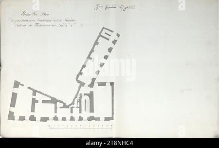 Vienne I, Hofburg, Augustinertrakt, cabinet d'histoire naturelle, rez-de-chaussée, plan d'étage, 1827-1839, plan, graphite (dessin préliminaire) ; stylo en noir; lavage gris, feuille : 40,5 x 64,2 cm, recto : 'Plan de terre plat, des localités maintenant existantes de la K:K:Naturalien, Cabinet dans la zone de 205''. 3'. 8e'.' ; 'appartenant à la convolute D./' verso : 'Stadt No : 613' ; 'plans de l'ancienne histoire naturelle Cabinett' ; 'à la convolute D Banque D'Images