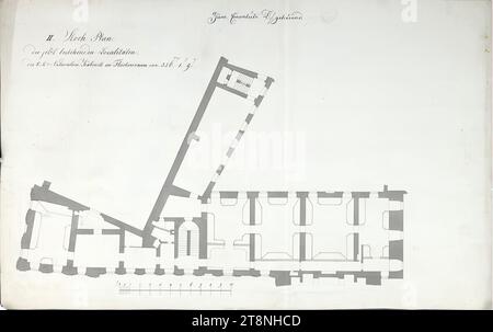 Vienne I, Hofburg, Augustinertrakt, cabinet d'histoire naturelle, 2e étage, plan d'étage, 1827-1839, plan, graphite (dessin préliminaire) ; stylo en noir; lavoir gris et jaune, drap : 40,4 x 63,9 cm, recto : 'II. Plan d'étage, des localités existantes, du cabinet K:K:Naturalien d'une superficie de 365. 1. 9.» ; «appartenant à la convolute D./» verso : «Stadt No. 613.» ; «à la convolute D Banque D'Images