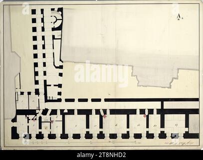 Vienne I, Hofburg, aile Schlossergang et aile augustinienne, rez-de-chaussée, plan, 1782, dessin architectural, craie (dessin préliminaire) ; plume et encre en noir ; lavis rose, gris et jaune, feuille : 56,5 x 77,1 cm, initiales 'l', 'P', pièces numérotées '1', 'a, 4, III', 'Baupl Stadt No : (barré) 47 (barré) 152.', verso : 'No 119 (barré), No 153 (barré), No 152, a - 1, I. Banque D'Images