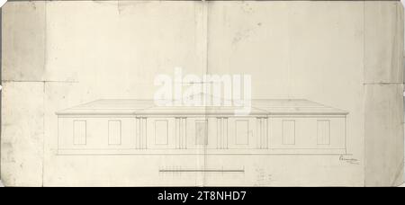 Vienne I, Volksgarten, deuxième Cortisches Caféhaus, élévation, 1820, plan, graphite (dessin préliminaire) ; stylo et encre noire, feuille : 22,4 x 48,8 cm, recto : calculs, verso : 'A., avec une coupe transversale, un plan de sol, et une vue plongeante du toit.             , Remis à la direction générale Hofbau, le 29e soir' ; 'annonce n° 375/820' ; 'ville n° 345.', '859 Banque D'Images