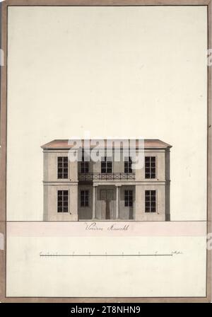 Vienne I, Hofburg, Paradeisgartl, maison de jardin, élévation, début du 19e siècle, dessin architectural, craie (dessin préliminaire) ; plume en noir ; encre en noir; lavis gris et rose, drap : 49 x 34,5 cm, blason cartouche avec lys, C&IHONIG, recto : 'Front View' verso : 'No. 171 Banque D'Images