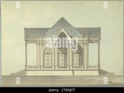 Laxenburg, Parc, Mariana Island, Mariana Temple, vue orthogonale, indéterminé, 1837-1842, dessin architectural, papier ; dessin à la plume; lignes de construction au crayon, stylo noir et gris, lavage multicolore, 25,3 x 35,8 cm Banque D'Images