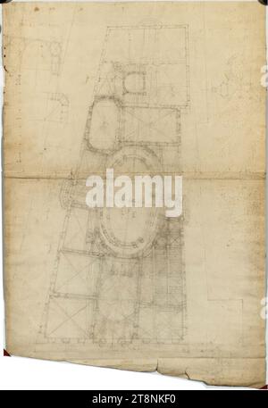 Rome, Palazzo Carpegna, projet avec cour ovale, plan du site avec plan d'ensemble du pianterreno ou piano nobile, dessin architectural, papier, entreprise ; dessin graphite; construction, dessin, échelle et inscription en graphite, 46,1 x 68,8 cm, milieu en bas : 'si fara questo che si à ordinato, sua EM.za', désignations des pièces et inscriptions sur le plan ; chiffres romains pour l'échelle Banque D'Images