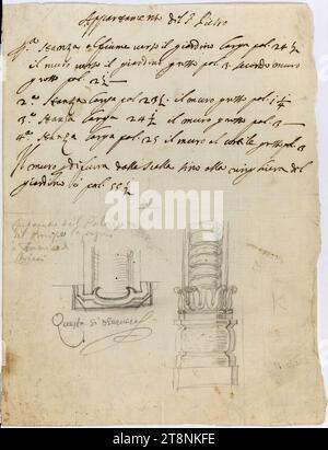 ROM, Palazzo Falconieri, Studie zu rustiziertem Wandpfeiler, Architekturzeichnung, papier, fein ; Graphitskizze; Skizze und Bezeichnung in Graphit ; Schriftstück mit FEDER in Braun, 27,7 x 20,6 cm, 'Ceci sera observé' ; (Stosch) : 'angle du Palais, du, Prince Carpegna, à la, Fontaine de Trevi'; darüber Schriftstück : 'S. appartement de Peter, première chambre sur la rivière vers le jardin grand pal. 24 1/2, le mur vers le grand jardin pal. 3. deuxième mur, grand pal. 2 1/2 -, 2e grande chambre pal. 23 1/2. le pal au mur épais. 1 1/4, 3e grande salle 24 1/2 le mur épais pal 3 - Banque D'Images