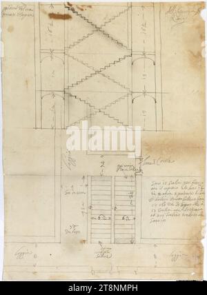 ROM, Santa Maria della Concezione, Kapuzinerkloster, Architekturzeichnung, papier, fein; Graphitzeichnung ; Konstruktion, Zeichnung, Beschriftung und Kotierung in graphit, 34,3 x 25 cm, ro : 'Alli Capuccini Roma' ; l.o. : 'Floor of the brickwork above' ; r.U.: 'ils sont 15 marches par branche avec l'étagère haute, un p(almi) 5/6 donne environ 1/2 once de pente par étape sauf pour la dernière branche qui monte à l'étage qui est de 17 marches avec l'étagère et une marche transversale qui sont 18' ; Raumbezeichnungen und Aufmessungen Banque D'Images