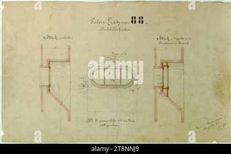 Vienne I, Bösendorferstraße 13, Palais Lützow, fenêtre mansardée, élévation et sections, Carl von Hasenauer (Vienne 1833 - 1894 Vienne), 9 février 1871, plan, plume et encre en noir et rouge, aquarelle, crayon, 254 x 416 mm, 'Palais Lützow . 88./ fenêtre attique.', '9. Pièce. (simple.) », « 4 pièces. (Double dans la chambre/serviteur.)', 'NB. Les mesures exactes (sic) doivent être prises au bâtiment lui-même Banque D'Images