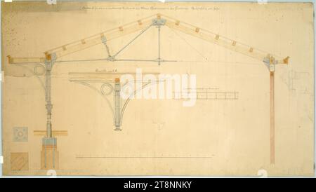 Vienne II, Freudenau, tribune, construction du toit, Carl von Hasenauer (Vienne 1833 - 1894 Vienne), plan, crayon, encre avec stylo sur papier, aquarelle, 'ferme de toit pour la tribune à construire pour les courses de chevaux viennoises à Freudenau. Section transversale taille 1/12 nat.' ; verso : 'inutile/ constructions en fer Détails/ sur la nouvelle tribune de l'hippodrome Banque D'Images