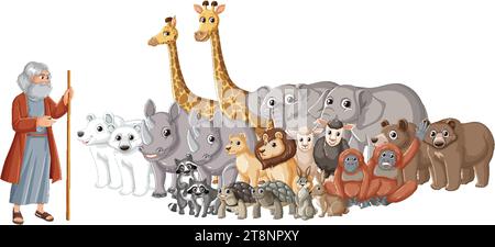 Illustration d'un groupe d'animaux sauvages dans un style de bande dessinée, représentant l'histoire de la Bible de Noé Illustration de Vecteur