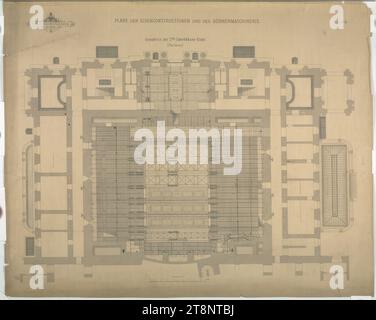 Vienne I, Burgtheater, bâtiment de scène, 2e étage inférieur, plan d'étage, Carl von Hasenauer (Vienne 1833 - 1894 Vienne), dessin architectural, rupture, x mm, 'K. K. HOFBURGTHEATER/ À VIENNE.', 'PLANS DES CONSTRUCTIONS EN FER ET DE LA MACHINERIE DE SCÈNE.', 'feuille N° 9.', 'Plan du 2e étage sous la scène./ (rez-de-chaussée Banque D'Images