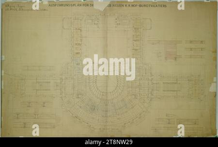 Vienne I, Burgtheater, 1e étage, plan, Carl von Hasenauer (Vienne 1833 - 1894 Vienne), plan, pause, stylo en noir, rouge et bleu, aquarelle, crayon de couleur, crayon, 1037 x 1635 mm, '1. Boîtes à étages./ & toilettes des acteurs du 2e étage.', 'PLAN D'EXÉCUTION POUR LA CONSTRUCTION DU NOUVEAU K. K. HOF-BURGTHEATER Banque D'Images