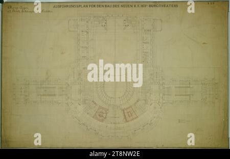 Vienne I, Burgtheater, 1e étage, plan, Carl von Hasenauer (Vienne 1833 - 1894 Vienne), 26 avril 1878, plan, pause, stylo bleu et rouge, crayon de couleur, crayon, 1062 x 1628 mm, 'BAULEITUNG/ für DIE K. K./ HOF-MUSEEN/ AND THE K. K. K./ HOF-SCHAUSPIELHAUS', '1. Boîtes à étages./ et toilettes des acteurs du 2e étage.', 'PLAN D'EXÉCUTION POUR LA CONSTRUCTION DU NOUVEAU K. K. HOF-BURGTHEATER', '419', 'plan d'étage correct qui doit rester dans le studio./ Vienne le 26 avril 1878 Banque D'Images