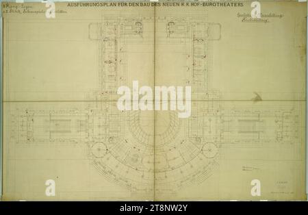 Vienne I, Burgtheater, 1e étage, plan, Carl von Hasenauer (Vienne 1833 - 1894 Vienne), 15 novembre 1883, plan, pause, stylo et encre en rouge, noir, bleu et marron, 1016 x 1558 mm, 'Muttoné & Kurz/ usine pour la construction d'installations de gaz/ installations de gaz et conduites d'eau/ - VIENNE -', '1. Boîtes à étages./ et toilettes des acteurs du 2e étage.', 'PLAN D'EXÉCUTION POUR LA CONSTRUCTION DU NOUVEAU K. K. HOF-BURGTHEATER', 'ligne de gaz - ligne d'eau./ ligne d'extincteur.', 'A. Z.No., 255 Banque D'Images