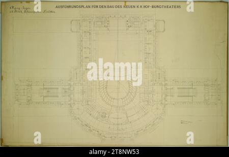 Vienne I, Burgtheater, 1e étage, plan d'étage, Carl von Hasenauer (Vienne 1833 - 1894 Vienne), plan, pause, crayon, 1042 x 1630 mm, PLAN D'EXÉCUTION POUR LA CONSTRUCTION DU NOUVEAU K. K. HOF-BURGTHEATER, 1. Rang - boîtes./ & toilettes des acteurs du 2e étage Banque D'Images