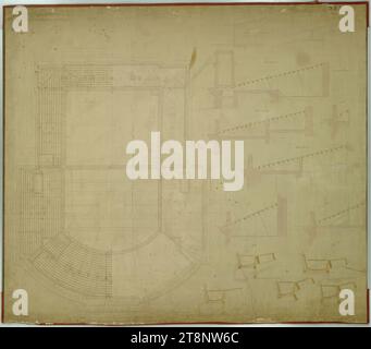 Vienne I, Burgtheater, treillis de toit de la scène et de l'auditorium, plan du sol et sections, Carl von Hasenauer (Vienne 1833 - 1894 Vienne), 21 avril 1881, plan, plume et encre en noir et rouge, aquarelle, crayon, 1108 x 1264 mm, 'BAULEITUNG, POUR LES MUSÉES K. K./ HOF/ ET K. K./ HOF-SCHAUSPIELHAUS', 'Construction du k. k. Hofburgtheatres./ Plan de Loft et design de toit.', '939/ Original Banque D'Images