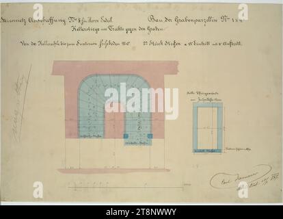 Vienne I, Graben 31, Azienda-Hof, aile face au Graben, escalier du sous-sol, plan et élévation, Carl von Hasenauer (Vienne 1833 - 1894 Vienne), 10 juillet 1867, plan, calque sur papier, stylo en noir et rouge, crayon, aquarelle, 405 x 588 mm, 'Steinmetz acquisition No  5 pour M. Sederl. Construction des parcelles de fossés No  1 & 4./ escalier de cave dans la parcelle opposée au fossé./ du sous-sol au sous-sol (sic) plancher (sic) 11' - 0''. 22 étapes a 13 'entrée et 6' entrée.', 'invalide' Banque D'Images