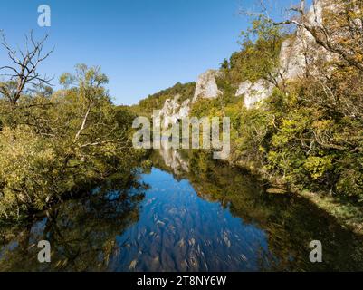 Vue aérienne, Danube, ambiance automnale avec falaises calcaires dans la haute vallée du Danube près de Gutenstein, district de Sigmaringen, Baden-Wuerttemberg Banque D'Images