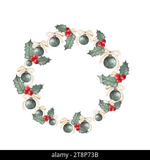 Cadre rond aquarelle avec boules vintage vert sapin de Noël et houx avec baies rouges. Couronne festive pour la décoration extérieure Banque D'Images