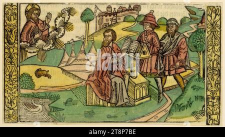 Moïse écrit les dix commandements, illustration pour la Bible allemande, Johannes Otmar édition, Augsbourg 1507, Johannes Otmar (actif vers 1482-1514 à Reutlingen (lieu de naissance), Tübingen, Augsbourg), 1507, impression, gravure sur bois, couleur, feuille : 8, 7 x 15,7 cm Banque D'Images