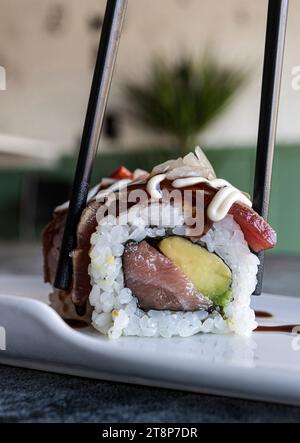 Une assiette fraîchement préparée de rouleaux de sushi assortis et de baguettes disposées astucieusement sur une assiette blanche Banque D'Images