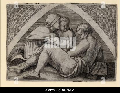 La sainte famille dans la voûte, Marcantonio Raimondi (Argini près de Bologne?) Vers 1480 - 1527/34 Bologne), vers 1510 - 1515, impression, gravure sur cuivre, 8,3 cm x 12 cm Banque D'Images
