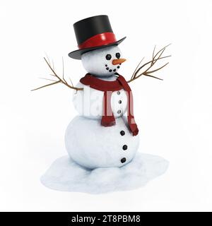Le Snowman isolé sur fond blanc. 3D illustration. Banque D'Images