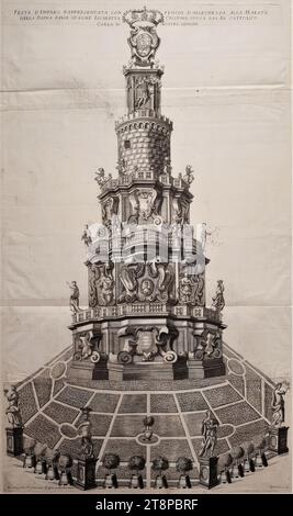 Feu d'artifice échafaudage pour la célébration de la princesse Elisabeth Christine de Brunswick-Wolfenbüttel comme épouse du roi Charles III. De l'Espagne à Milan 1708, (1708), gravure, gravure à partir de trois plaques sur papier, feuille : 75,2 × 44 cm Banque D'Images