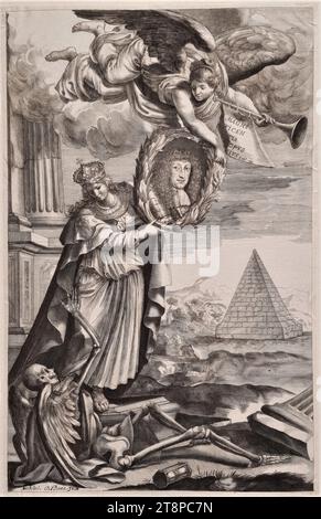 Allégorie du duc Charles Emmanuel II de Savoie : surmonter la mort par la gloire éternelle, de : Giulio Vasco, Del Funerale Celebrato nel Duomo di Torino all'Altezza Reale di Carlo Emanuele II Duca di Savoia, principe di Piemonte, Rè di Cipri, &c., Turin, Bartolomeo Zappata, (1676), 1676, gravure sur cuivre et gravure sur papier, feuille : 30,9 × 19,9 cm Banque D'Images